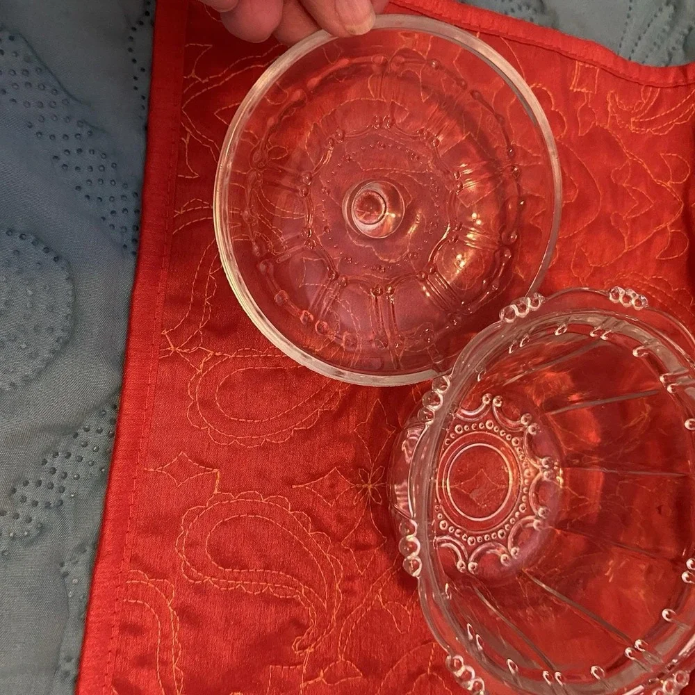 Vintage KIG Indonesia Candy‎ Dish Beaded Clear Pattern Glass 3x5 Round Fancy Lid